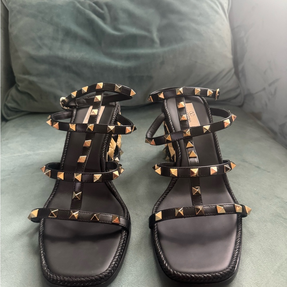 Valentino Garavani Black Leather Studded Multi-Strap Sandals